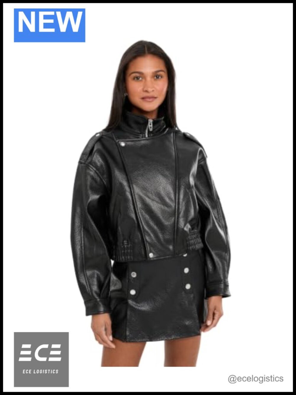 Oversized Vegan Leather Bomber Jacket Zip Front Mock Neck